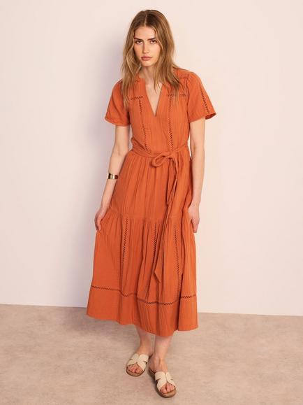 Mint Velvet Cotton Cheesecloth V-Neck Dress, Orange, Orange