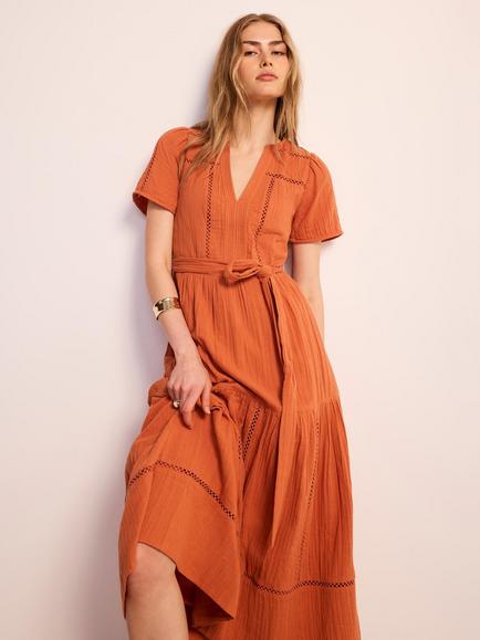 Mint Velvet Cotton Cheesecloth V-Neck Dress, Orange - view 2, Orange