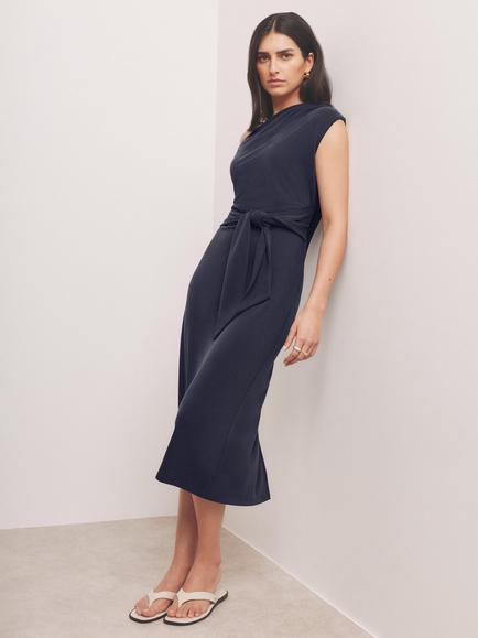 Mint Velvet Tie Waist Sheath Midi Dress, Blue Navy