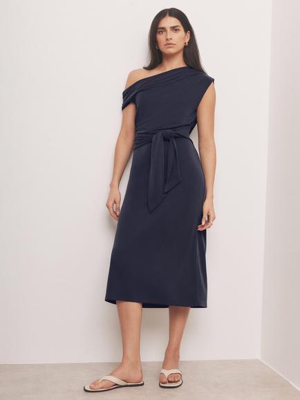 Mint Velvet Tie Waist Sheath Midi Dress - view 2, Blue Navy
