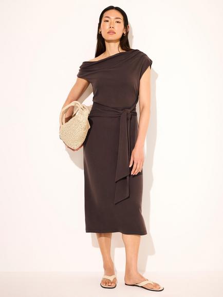 Mint Velvet Tie Waist Sheath Midi Dress, Brown