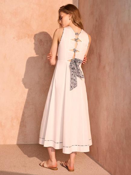 Mint Velvet Cotton Printed Tie Back Detail Midi Dress, White Ivory - view 2, White Ivory