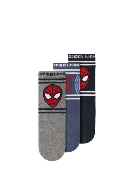 NAME IT Kids' Cotton Blend Spiderman Socks, Pack of 3, Navy/Indgio/Grey, Navy/Indgio/Grey