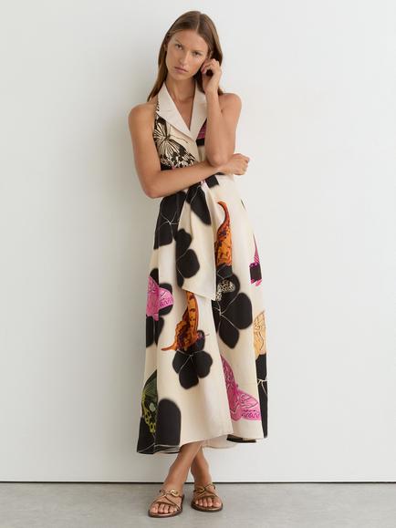 Reiss NYBG Azalea Floral Midi Shirt Dress, Ivory/Black, Ivory/Black