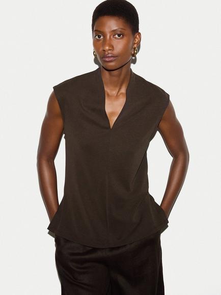 Jigsaw Cupro Rib V-Neck Top, Brown, Brown