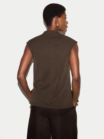 Jigsaw Cupro Rib V-Neck Top, Brown - view 2, Brown