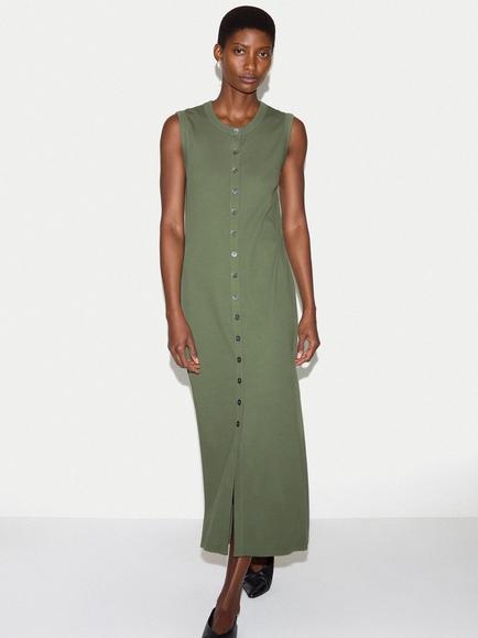 Jigsaw Ribbed Button Sleeveless Dress, Khaki