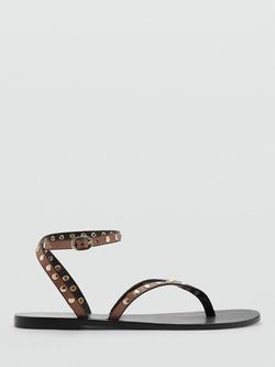 Mango Leather Studded Ankle Strap Flat Sandals, Brown, Brown