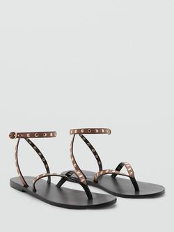 Mango Leather Studded Ankle Strap Flat Sandals, Brown - view 2, Brown