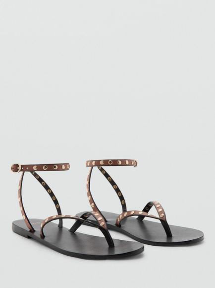 Mango Leather Studded Ankle Strap Flat Sandals, Brown - view 2, Brown