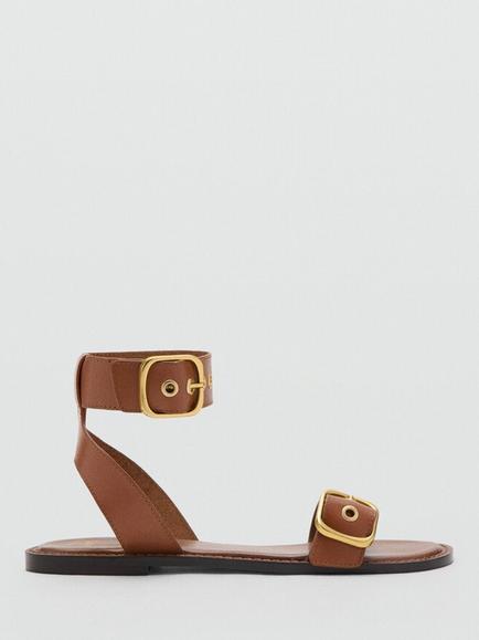 Mango Leather Buckle Strappy Sandals, Brown, Brown