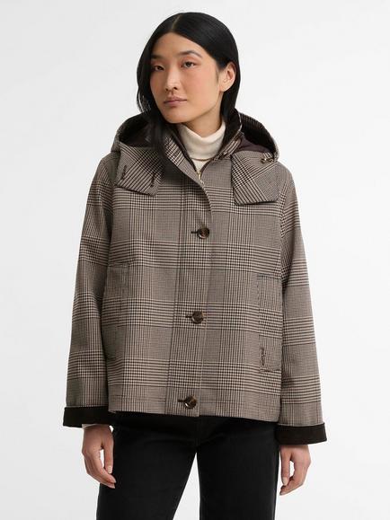 Barbour Connie Prince of Wales Check Cropped Duffel Coat, Brown/Grey, Brown/Grey
