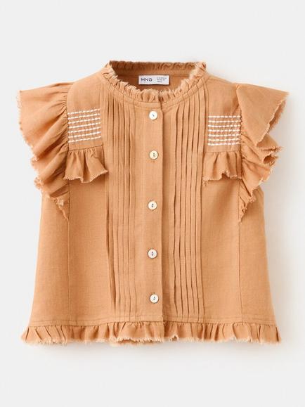 Mango Kids' Short Sleeve Round Neck Linen Blend Blouse, Terracotta, Terracotta