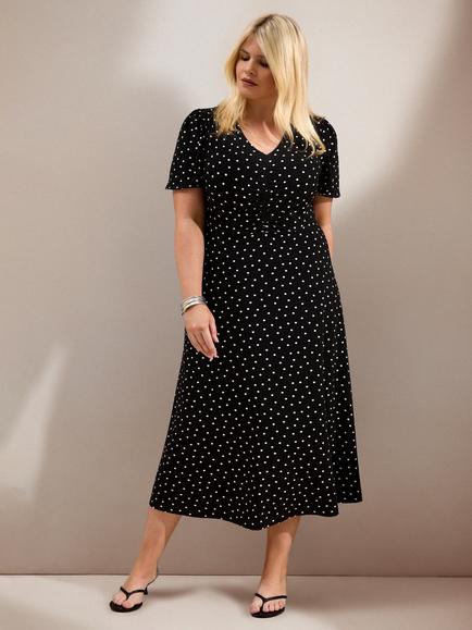 Live Unlimited Curve Polka Dot A-Line Midi Dress, Black, Black