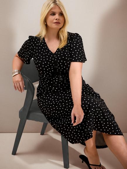 Live Unlimited Curve Polka Dot A-Line Midi Dress, Black - view 2, Black