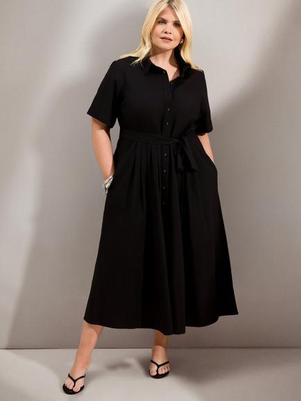 Live Unlimited Curve Cotton Poplin Short Sleeve Shirt Dress, Black, Black