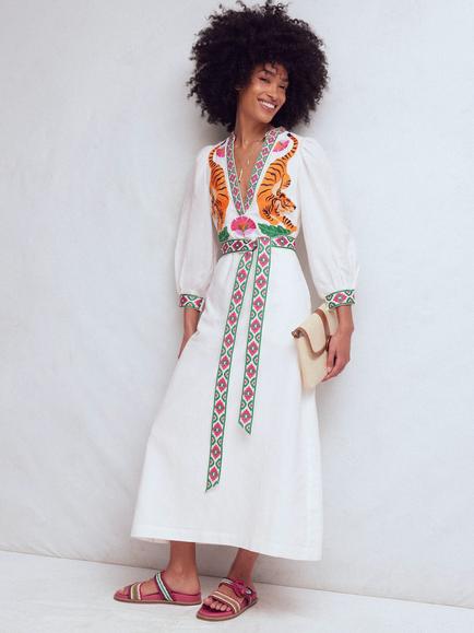 Boden Octavia Embroidered Linen Blend Dress, White/Multi, White/Multi
