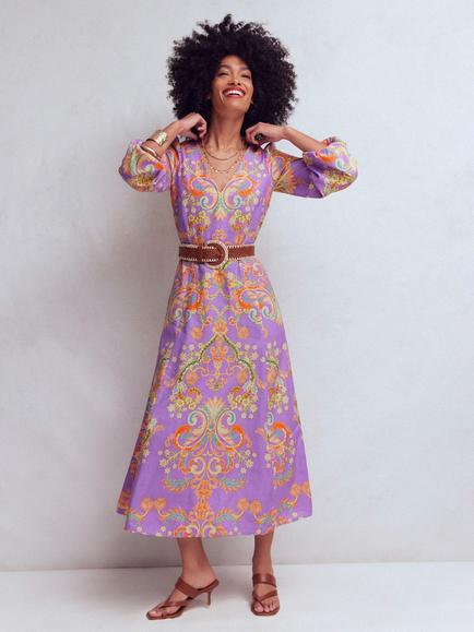Boden Florence Linen Blend Floral A Line Midi Dress, Purple/Multi, Purple/Multi