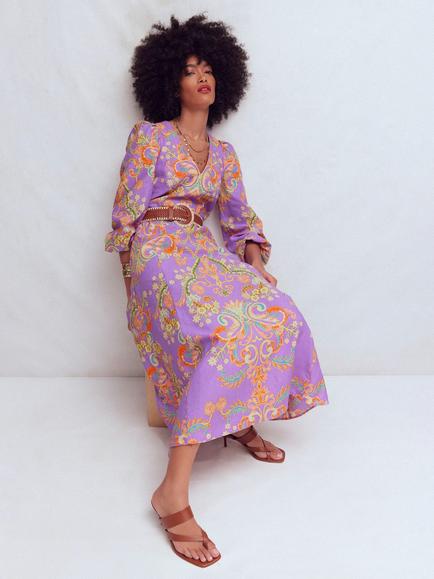 Boden Florence Linen Blend Floral A Line Midi Dress, Purple/Multi - view 2, Purple/Multi