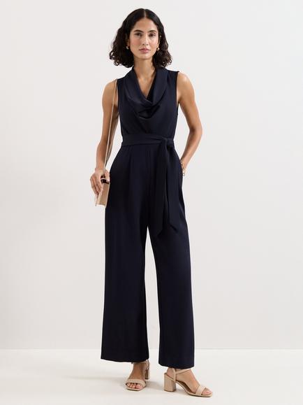 Phase Eight Petite Emry Cowl Neck Wide Leg Jumpsuit, Navy, Navy
