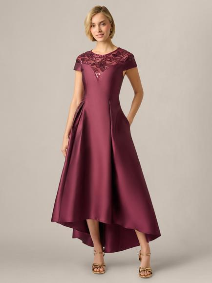Adrianna Papell Studio Combo Mikado Fit and Flare Dip Hem Midi Dress, Deep Wine, Deep Wine