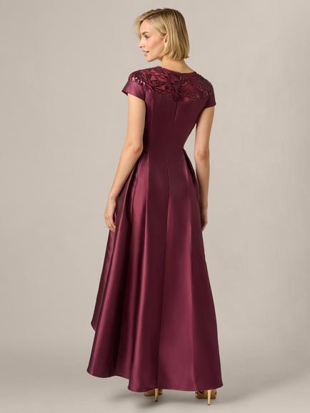 Adrianna Papell Studio Combo Mikado Fit and Flare Dip Hem Midi Dress, Deep Wine - view 2, Deep Wine