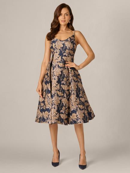 Adrianna Papell Floral Jacquard Fit and Flare Midi Dress, Navy/Rosegold, Navy/Rosegold