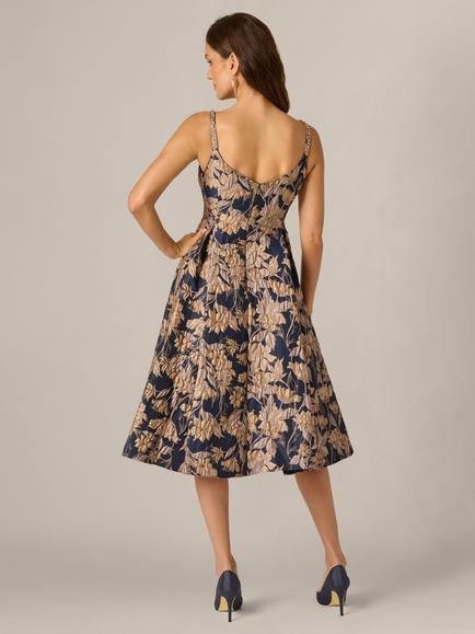 Adrianna Papell Floral Jacquard Fit and Flare Midi Dress, Navy/Rosegold - view 2, Navy/Rosegold