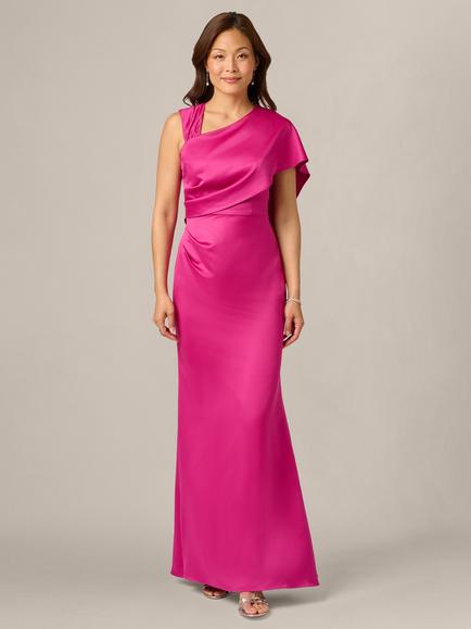 Adrianna Papell Satin Crepe Draped Mermaid Gown Maxi Dress, Berry Rose, Berry Rose
