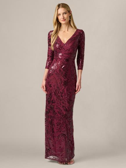Adrianna Papell Studio V Neck Sequin Embellished Maxi Dress, Deep Wine, Deep Wine