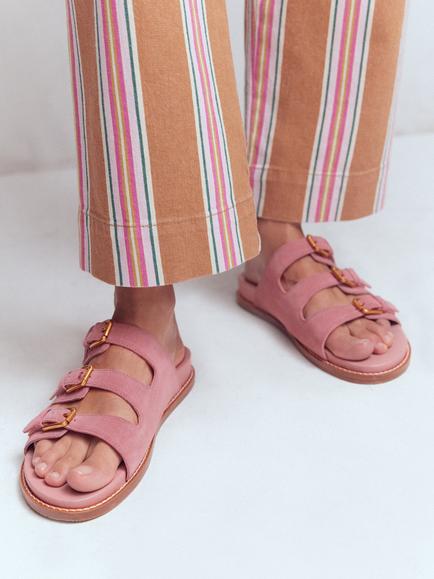 Boden Suede Triple Strap Footbed Sandals, Dusty Pink - view 2, Dusty Pink