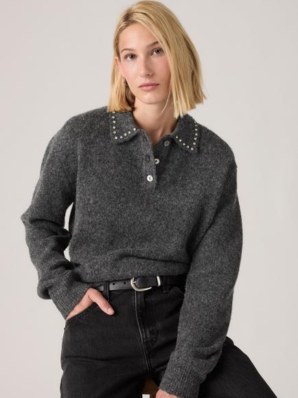 Levi's Rhinestone Collar Polo Jumper, Dark Heather Grey, Dark Heather Gry