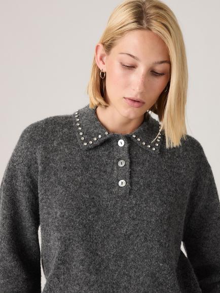 Levi's Rhinestone Collar Polo Jumper, Dark Heather Grey - view 2, Dark Heather Gry