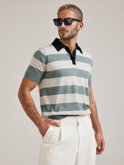 SALTS Unisex Cotton Rich Short Sleeve Stripe Polo Shirt, Soft Khaki/Silver, Soft Khaki/Silver