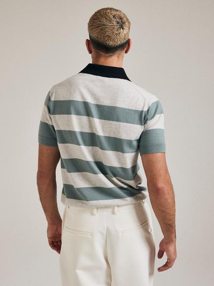 SALTS Unisex Cotton Rich Short Sleeve Stripe Polo Shirt, Soft Khaki/Silver - view 2, Soft Khaki/Silver