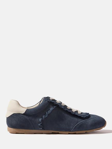 Mint Velvet Lina Suede Lace Trim Detail Trainers, Blue Navy, Blue Navy
