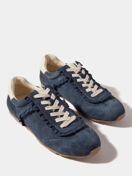 Mint Velvet Lina Suede Lace Trim Detail Trainers, Blue Navy - view 2, Blue Navy