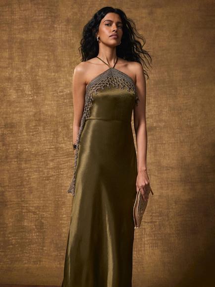 Mint Velvet Crochet Trim Midi Dress, Khaki - view 2, Khaki