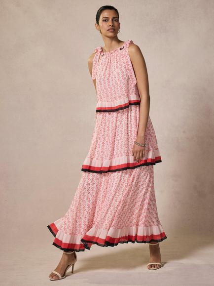 Mint Velvet Leaf Print Tiered Maxi Dress, Orange/Multi, Orange/Multi