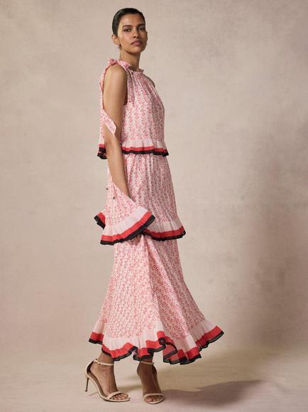 Mint Velvet Leaf Print Tiered Maxi Dress, Orange/Multi - view 2, Orange/Multi