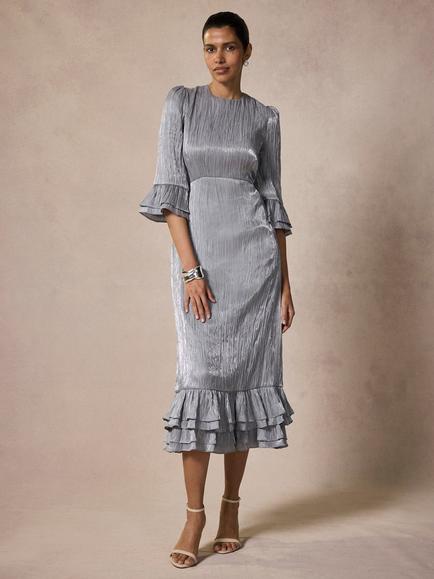 Mint Velvet Metallic Ruffle Midi Dress, Silver, Silver