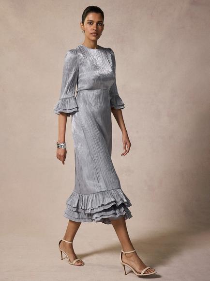 Mint Velvet Metallic Ruffle Midi Dress, Silver - view 2, Silver