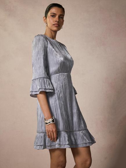 Mint Velvet Tiered Mini Dress, Silver - view 2, Silver