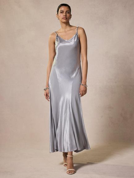 Mint Velvet Metallic Satin Maxi Dress, Grey, Grey