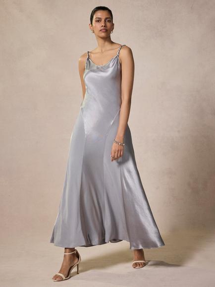 Mint Velvet Metallic Satin Maxi Dress, Grey - view 2, Grey