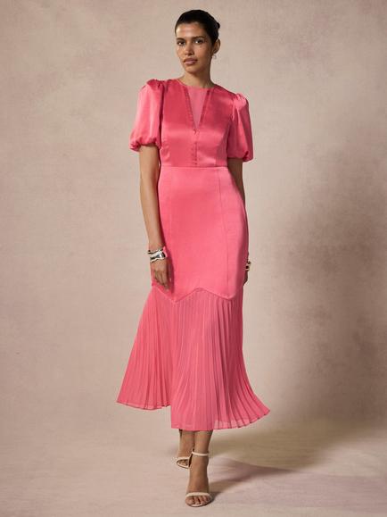 Mint Velvet Pleated Sheath Midi Dress, Pink, Pink