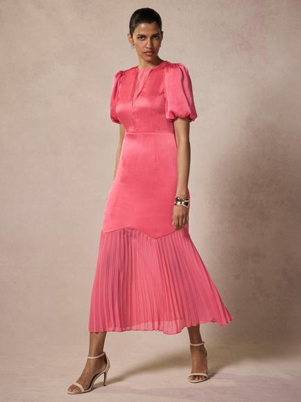 Mint Velvet Pleated Sheath Midi Dress, Pink - view 2, Pink