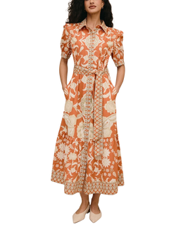 Raishma Linda Floral Print Short Sleeve Cotton Midi Dress, Orange, Orange