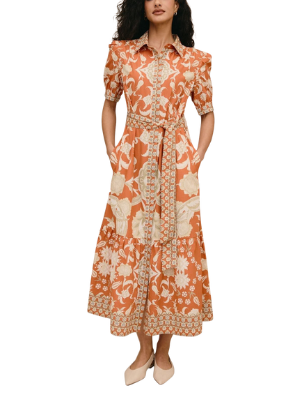Raishma Linda Floral Print Short Sleeve Cotton Midi Dress, Orange, Orange