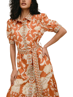 Raishma Linda Floral Print Short Sleeve Cotton Midi Dress, Orange - view 2, Orange